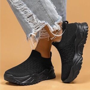 Black Knit Slip-On Platform Sneakers for Women
